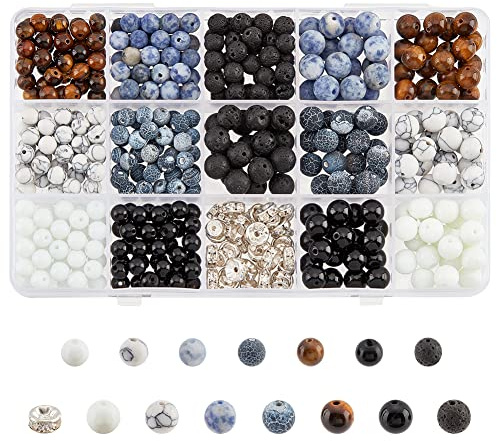 NBEADS Cirka 460 st natursten pärlsatser, 6 mm 8 mm naturliga ädelsten pärlor lösa runda stenpärlor med strass för halsband armband smyckestillverkning