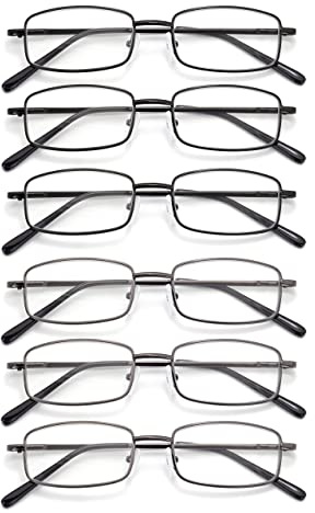 Autojouls 6-Pack Metal Reading Glasses Blue Light Blocking Spring Hinge Readers Lightweight Sturdy Comfortable, 3 Black 3 Gunmetal 2.5 x