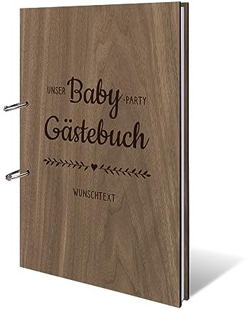 Personalisiertes Geburt Gästebuch echtes Holz DIN A4 Erinnerungsbuch mit Lasergravur - Babyparty - mit 72 Blatt / 144 Seiten Naturpapier Weiß