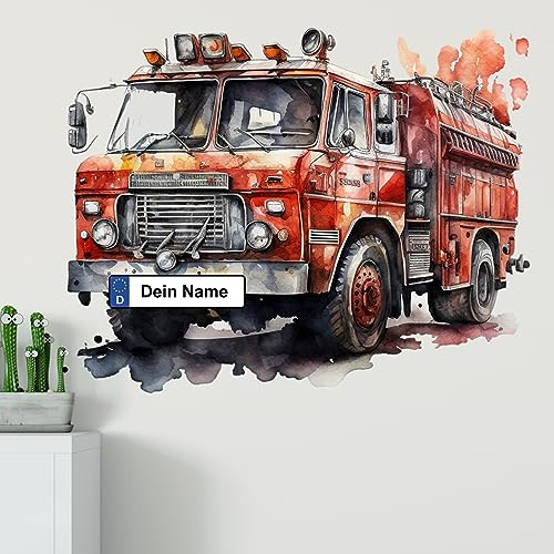 GRAZDesign Wandtattoo Feuerwehr Kinderzimmer Junge mit Namen personalisiert, Wand Aufkleber Tattoo Kinder Auto, Feuerwehrauto Wandaufkleber für Jungenzimmer 64x50cm