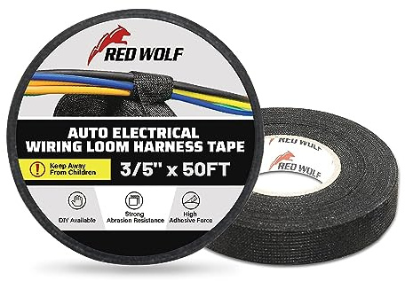 RED WOLF 15mm x 15m Wire Loom Harness Cloth Tape Electric Self-Adhesive Fabric Tape High Temp for Automobile Electrical Harness Wrap Noise Damping Protection Insulation Cable Fixed 2 Rolls Black