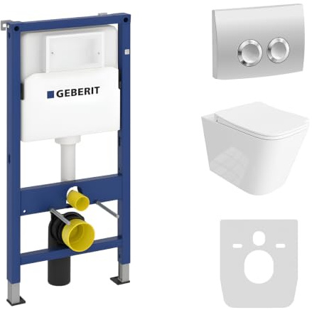 Lavita Duofix Basic Vorwandelement + Wand Tiefspül WC Maio Weiß Spülrandlos + WC Sitz + Bedienplatte Delta 25 Verchromt Knopf Komplettset Unterputz Spülkasten Toilette Komplett Sett WC