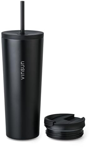 VINSUN Thermobecher mit Strohhalm 720ml - Edelstahl, auslaufsicher, doppelwandig isoliert - Heiß & Kaltgetränke - Kaffeebecher schwarz mit zwei Deckeln für Reisen, Uni