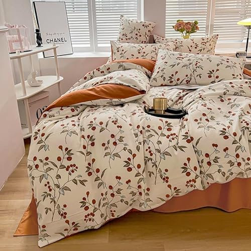 Freyamy Housse de Couette 240x260 Beige Caramel Feuilles Floral Parure de lit 2 Personne en Microfibre avec Fermeture Éclair Réversible Sets de Housse Couette avec 2 Taie d'oreiller 65 x 65 Pour Fille