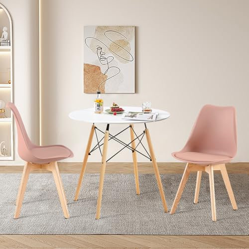 FURNITABLE Essgruppe Esstisch mit 2 Stühlen Esszimmergruppe, Runder Küchentisch-Set für 2 Personen Sitzgruppe für Wohnzimmer Küche Büro(Weiß Tisch+2 Rosa Stühle)