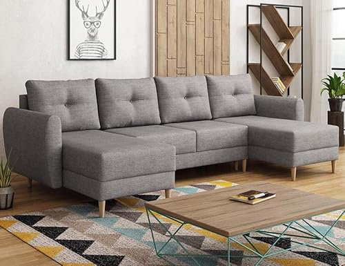 Easy4You Hellgrau Ecksofa Manstad in U-Form 305x95x145 cm mit Schlaffunktion und Bettzeugbehälter - Schlafsofa mit Bettkasten und Holzfüße - Eckcouch mit Stauraum - Stoff: Lux 32