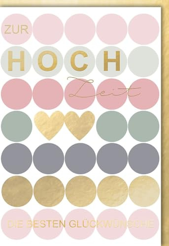 Verlag Dominique Hochzeitskarten Glückwunschkarten Hochzeit Doppelkarte mit goldenen Herzen und Kreisen zur Hochzeit die besten Glückwünsche in Goldschrift auf weißem Hintergrund mit Umschlag