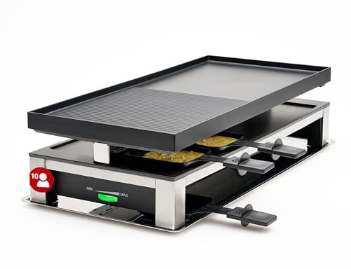 Solis Griglia combinata 3 in 1 da 1500 W, raclette elettrica per 10 persone, griglia interna con piastra girevole con accessori raclette, griglia elettrica per balcone, giardino e cucina, in acciaio