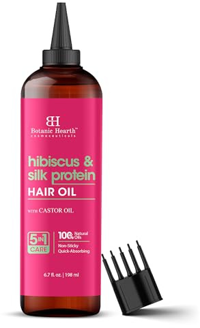 Botanic Hearth Huile capillaire à l'hibiscus et aux protéines de soie – 200 ml – Traitement capillaire hydratant et fortifiant pour des cheveux lisses, brillants et sains – Sans paraben – Pour tous