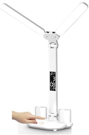Kinder schreibtischlampe akku kabellos mit Uhr, LED Dimmbare 3200mAh Batterie schreibtischleuchte Stifthalter/LCD Display/Kalender/Temperatur, 3 Lichtfarben Bürolampe für Mädchen Jungen, Weiss 3200mAh