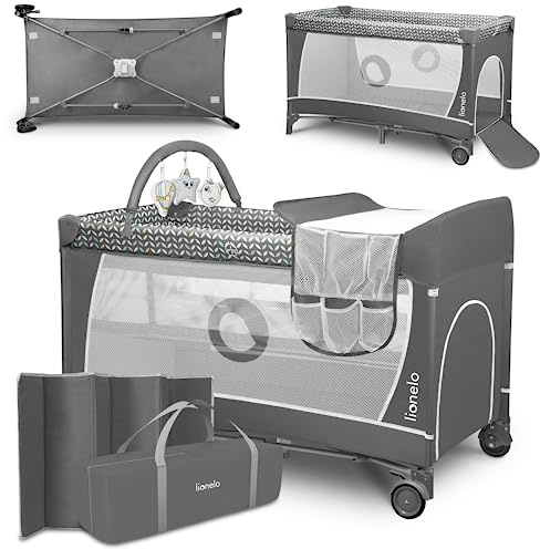 lionelo Travel Cot and Baby zone FLOWER 2-in1-with Changing Table for Newborns and Toddlers 0-36 kg, 2-level Mattress height, Mesh transparent Walls, Side Entry, Toy Bar, LockGuard Safety, Quick-Fold