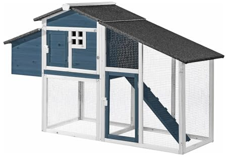 Vente-unique - Poulailler en Bois avec enclos - 4 Poules - L. 173 x P. 64 x H. 108 cm - Bleu et Blanc - LEVAS