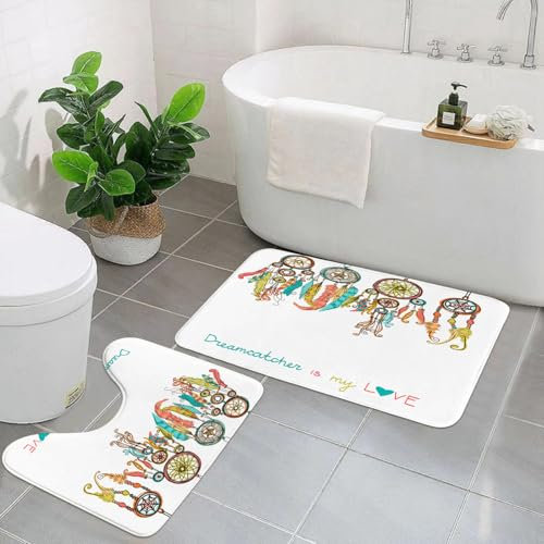 KGDHY Badezimmermatten-Sets 2-Teilig,dekorativ, Indianer, Set, bunt, Traumfänger, indianische Elemente Trib,Bad und WC-Vorleger-Set,rutschfeste Badezimmerteppiche wasserabsorbierende