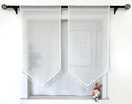 Daliena Scheibengardinen Panneaux Kurzgardine Leinenoptik BxH 90x120cm Weiß | Küchenvorhang mit Quaste Bistrogardine Lichtdurchlässig, Moderne Gardine für Kleines Fenster, Kurzstore mit Tunnelzug 1 Stück