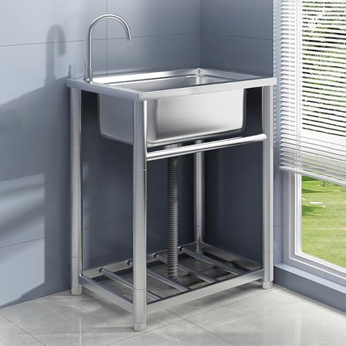 YCBTPS Gewerbliche Freistehender Spültisch, 47x42cm Edelstahl Outdoor-Spüle, 65x50cm Camping Waschbecken, Spülbecken Mit Armatur, Stabil Und Langlebig(53x40x75cm)