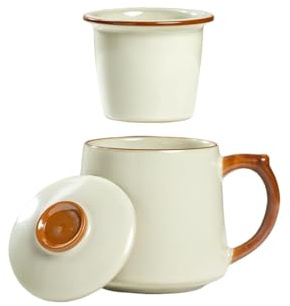 HAFTOLYR Tazas de té de cerámica, tazas infusoras de té, taza de té con infusor y tapa, con filtros y tapas, brillantes y coloridas para hacer té, café y otras bebidas (Amarillo crema)