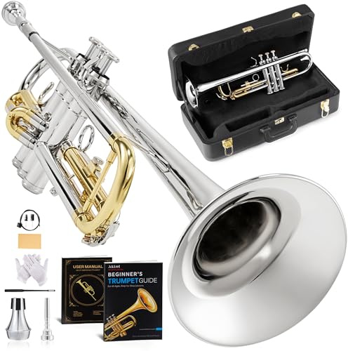 AKLOT Hand-Hammered Bell Bb Trumpet: Smooth Valve Action, Clear-Lacquered Brass Body, Standard Trumpet Beginner Set with Leather Case, Lesson Book, Trumpet Mute, Mouthpiece, Cleaning Kit (SNR-BrzAC)