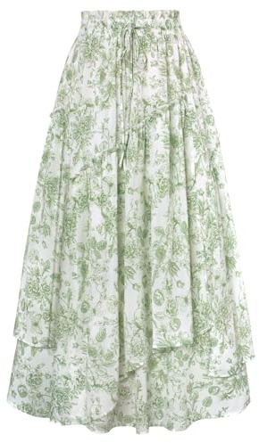 Scarlet Darkness Women Floral Print Boho Skirt Elastic High Waist Long Maxi Skirts with Pockets Green Floral L