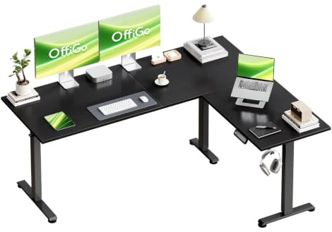 OffiGo Elektrisc Höhenverstellbarer Eckschreibtisch 160 x 120 cm, Schwarz | L-förmiger Schreibtisch Höhenverstellbarer mit Haken, 78-120 cm Höhenverstellbar, Computertisch für Home Office