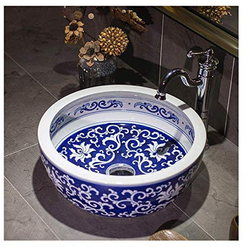 PUFAHAU Lavabo de baño sobre encimera, Lavabo de cerámica Redondo Vintage sobre encimera, Cuenco de Porcelana Pintado con Arte.