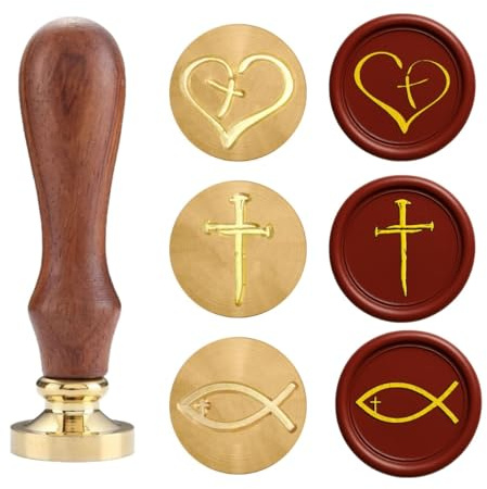 Juego de mini sellos de cera cristianos – 3 cabezas de latón con cruz corazón, Dios bendiga e símbolos de Ichthys | Mango de madera | Perfecto para diarios de oración, cartas, notas de estudio bíblico