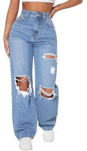 Sawmew Pantalones anchos de cintura alta para mujer, vaqueros desgastados Y2K, holgados estilo boyfriend ajustados vintage rectos y rotos(XL)