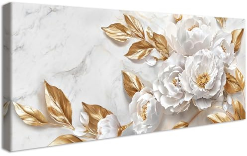 Groß Leinwand Bilder Mit Rahmen Marmor Weiße Pfingstrosen Leinwandbilder Luxuriöses Floral Goldene Blätter Bilder auf Leinwand Malerei Wandposter Wandbilder Wohnzimmer Schlafzimmer Wanddekor 50x120cm