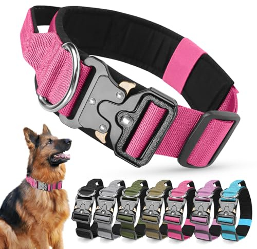 Ledeak taktisk hundkrage, vadderad justerbar polypropylen mjuka hundhalsband, slitstark andningsbar stark träning hundhalsband med handtag och kraftigt metallspänne (rosenröd, XL)