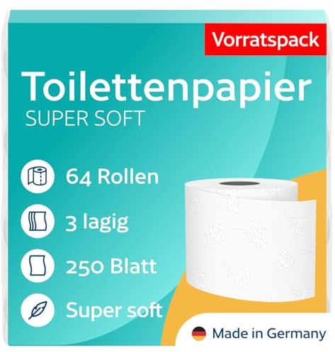 64 Rollen Toilettenpapier 3-lagig – 250 Blatt pro Rolle – 100% Zellstoff – Made in Germany – 8 x 8 Stück - für Zuhause, Gewerbe, Industrie, Hotels, Gastronomie