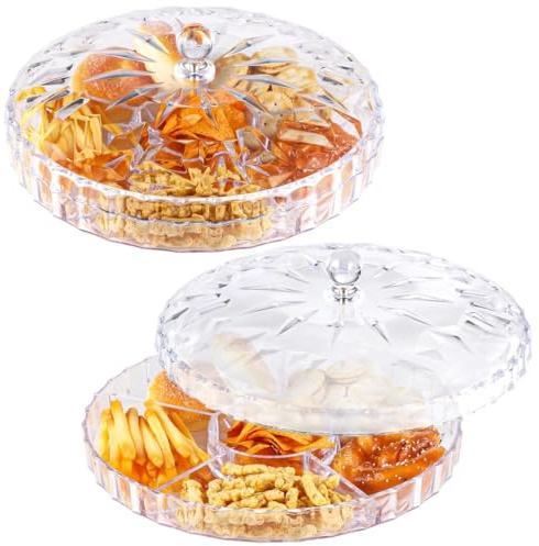 11.8 Divided Snack Platters with 6 Sections, Set of 2 Clear Plastic Serving Trays with Lids for Party Food, Dried Fruits, Sweets, Or Storage