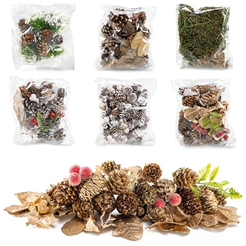 com-four® 6X Adornos navideños en Bolsa con piñas, ramitas y Musgo - Adornos navideños - Set de Manualidades - Decoración de Mesa - Corona de Adviento (6X Bolsas: Conos, ramitas, Musgo, Hojas)
