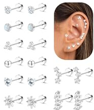 LOYALLOOK Hypoallergenic Flat Back Earrings Silver Plated Cartilage Earring Stacks Surgical Stainless Steel Earrings For Sensitive Ears Women Helix Conch Tragus Piercing Jewelry Flatback Stud Earring Set