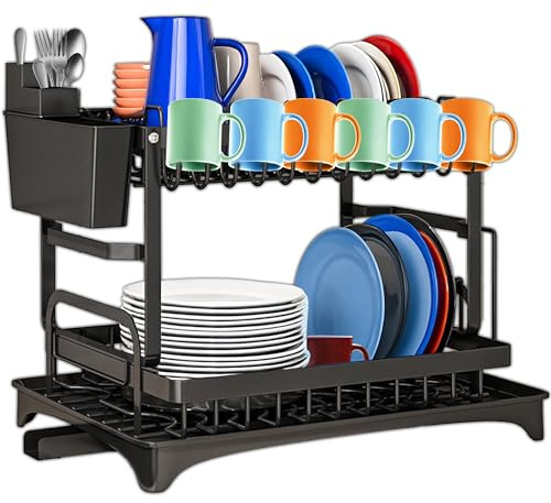 KRUMAD Abtropfgestell Geschirr 2 Ebenen 30x42x30 cm - Geschirrabtropfgestell mit Auffangwanne, Besteckhalter & Tassenregal - Küchenzubehör - Abtropfmatte Spüle Organizer
