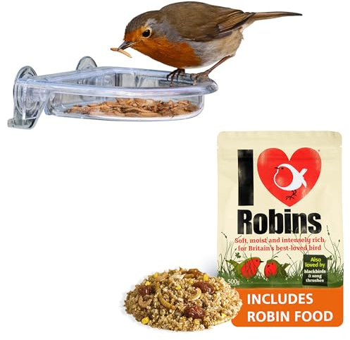 Window Bird Feeder with food- Jacobi Jayne® I Love Robins® TreatTray Feeder and Food - No Mess Stick on Window Bird Feeder - Small, Easy Clean
