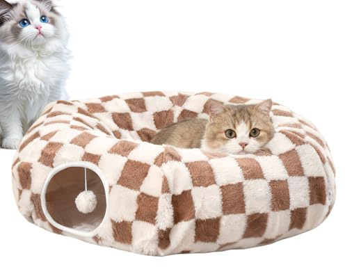 Katzentunnel Mit Kissen, Donut Katzenbett Mit Fellknäuel Als Spielzeug, Weicher Plüsch-Tunnel Für Indoor Katzen, Kuscheliger Ruheplatz & Spieltunnel