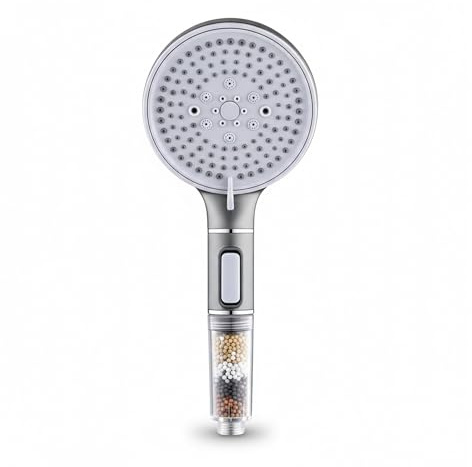 ME JO Filtered Shower Head for Hard Water, 5 Spray Modes High Pressure Shower Head, Anti-Limescale Showerhead with Built-in Filter, Silver Handheld Shower Head 29cm, Universal Fit