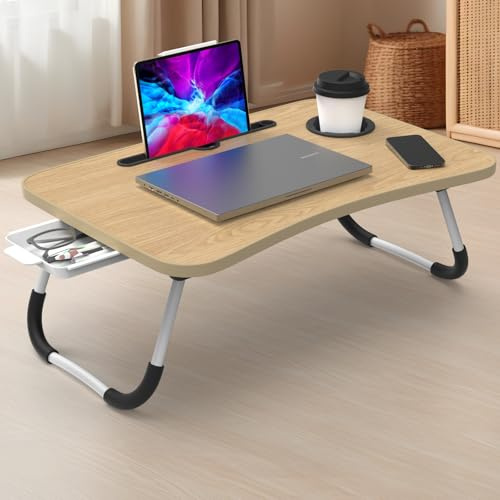 Huracan Table pour ordinateur portable pour canapé, plateau de lit pliable et portable avec tiroir et porte-tasse, table de lit, bureau pour ordinateur portable au sol (60 x 40 cm, noyer)
