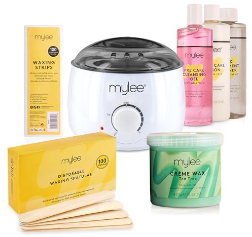 Mylee Salon Quality Waxing Kit Includes Wax Heater, Tea Tree Wax | Waxing Strips, Spatulas, Mylee Pre and After Care Lotion and Equipment Cleaner (Tea Tree)