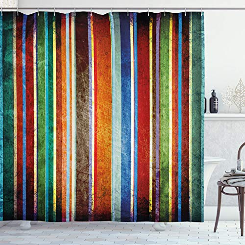 ABAKUHAUS Streifen Duschvorhang, Retro Bunte Bänder, Stoffliches Gewebe Badezimmerdekorationsset mit Haken, 175 x 200 cm, Grüm Orange