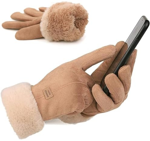 Zeltauto Women's Touch Screen Gloves Faux Suede Full Finger with Warm Plush Lining