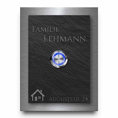 Naturschiefer Türklingel mit Edelstahl Hintergrundplatte - Klingel Modell Lehmann ab 9x12 cm | Personalisierte Klingelplatte mit individueller Wunsch Gravur