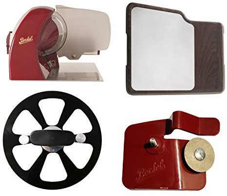 Berkel - Home Line 250 Rouge + Extracteur de Lame + Affûteur d'accessoires pour Home Line + Planche à Découper Inoxydable, Bois
