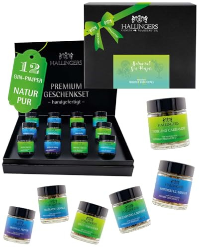 Hallingers Genuss Manufaktur Gewürz Geschenk-Set - 12 Gewürze aus aller Welt in wertiger Geschenkbox mit Rezept-Booklet Botanical Gin P..., Geschenkidee für Frauen Männer