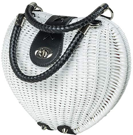 LA FIORE 24 Damen Korbtasche Bali Tasche Ibiza Cross-Body-Bag Natur Herz - Weiss