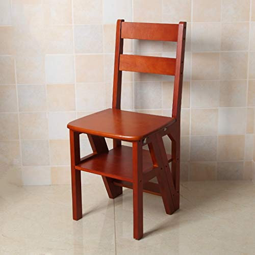 GJSN Trittschemel, Leiter Hocker Folding Dual-Use-4-Stufenleiter Stuhl Massivholz Movable Kletterleiter Haushalt Multi-Funktions-Innen,Helle Farbe Nussbaum
