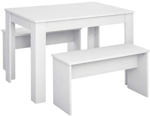 HOMCOM Kitchen Dining Table and 2 Benches Set, Table and Chairs Set for Limited Space, White