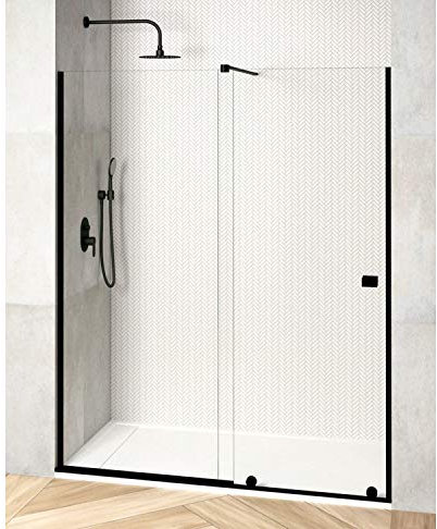 Mampara de Ducha Moderna FRONTAL CORREDERA Málaga Negro – Fijo y puerta Corredera TRANSPARENTE – Cristal Templado 200cm Altura - Tratamiento ANTICAL y 8mm de espesor - Negro, 120 cm