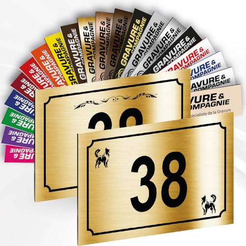 Hausnummer Schild – Dekorative personalisierte PVC Außenplatte mit gravierter Nummer & Motiv – Befestigung nach Wahl (Klebefolie oder Schrauben) – 15 x 10 cm (Metallisch Gold + Design)
