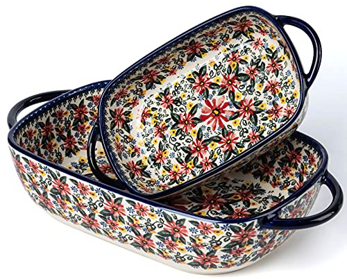 ONECCI Baking Dish Ceramic Baking Pan Blue Casserole Dish Rectangular Baking Set 2pcs Bakeware Sets Lasagna Pan Baking Dishes for oven (Exotic Daisy)