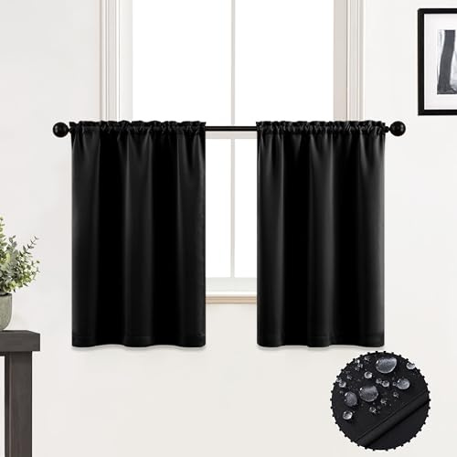 XTMYI Waterproof Fabric 30 Inch Curtains for Bathroom Kitchen Window Mini Shower Small Short Blackout Tiered Panels Curtain Panels 2.6 Inch Wide Black